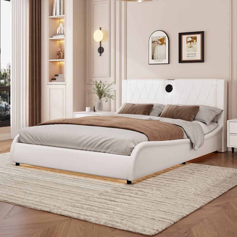 Leather Upholstered Platform Bed Curved Wingback Bed with Thickened Headboard, Bluetooth Speakers and RGB LED Light - White - Queen