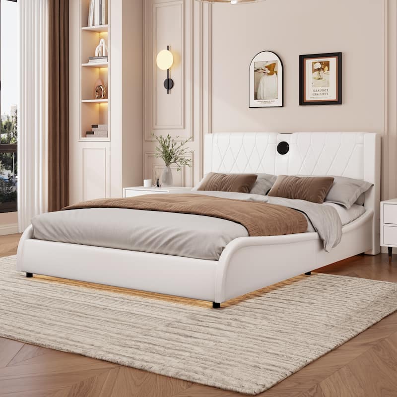 Luxurious Faux Leather Upholstered Platform Bed with Thickened Headboard - White