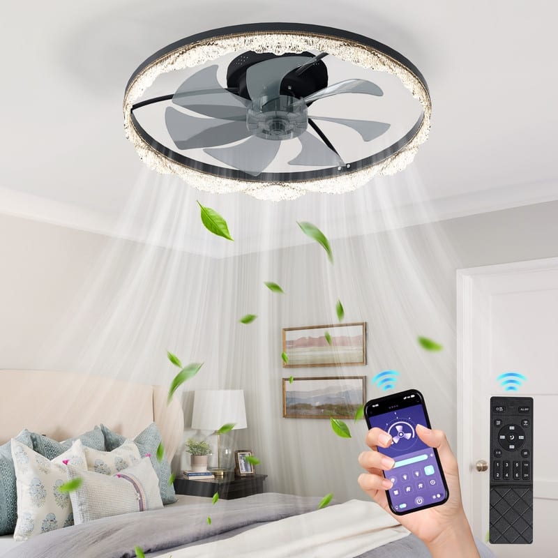 Crystal Flush Mount Ceiling Fan With Light And Remote, Black Ceiling Fan For Bedroom, Living Room - 16-Inch