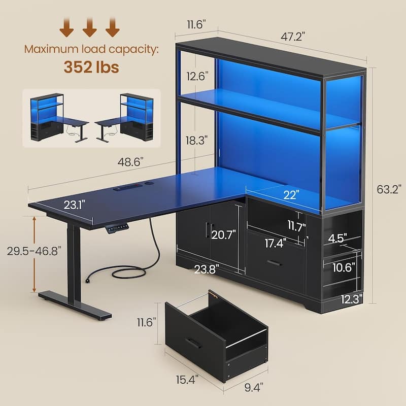 L Shaped Stand or Sit Computer Desk Adjustable Height Electric Desk Drawer Bookshelf