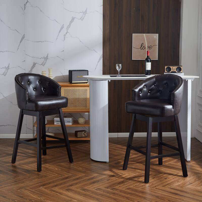 Set of 2, 33.25" Swivel Counter Stools with Faux Leather Cushion, Solid Rubber Wood Frame, Armless Design