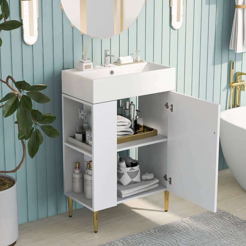 21.6" white Bathroom vanity with Ceramic Sink, Left side storage