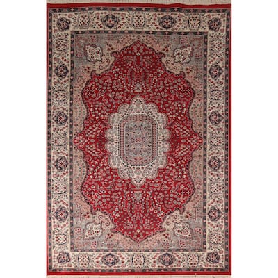 Floral Red Kashan Indian Area Rug Handmade Wool Carpet - 6'1"x 9'4"