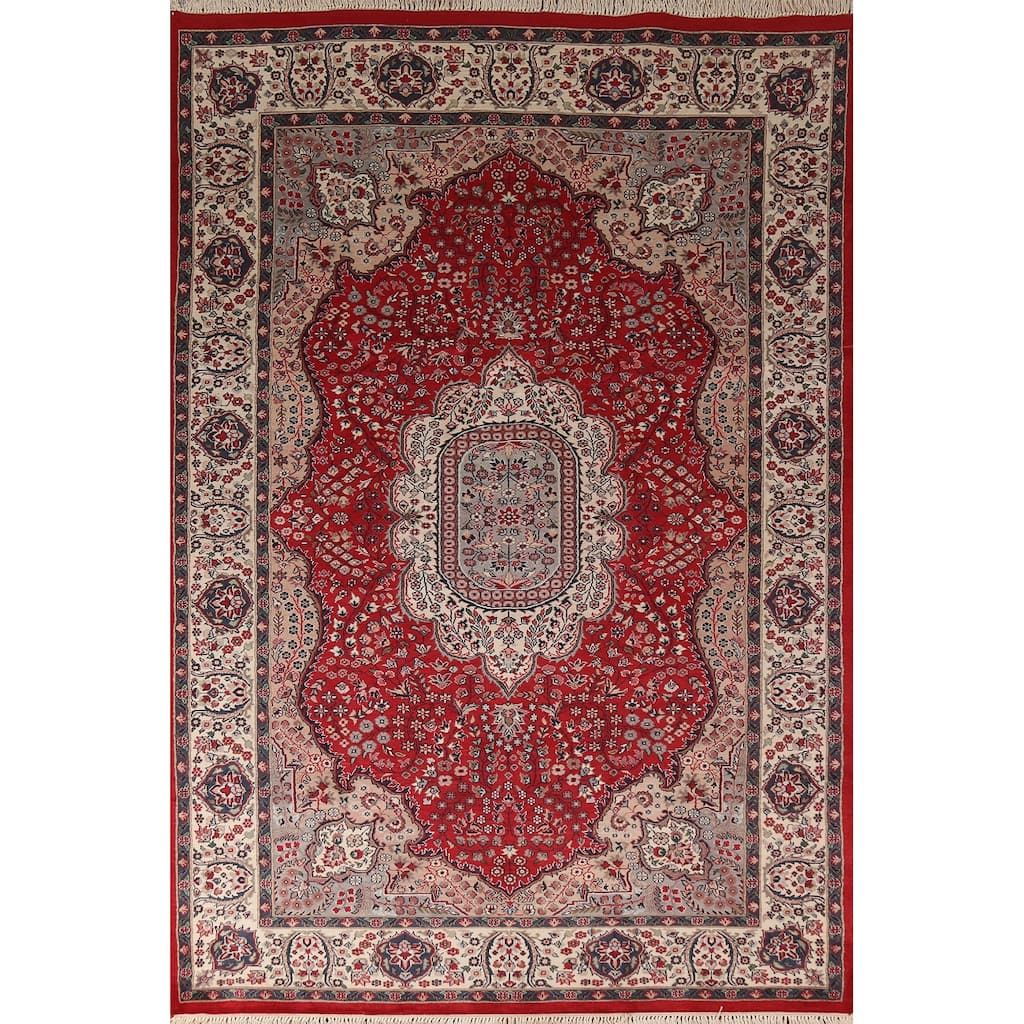 Floral Red Kashan Indian Area Rug Handmade Wool Carpet - 6'1"x 9'4"