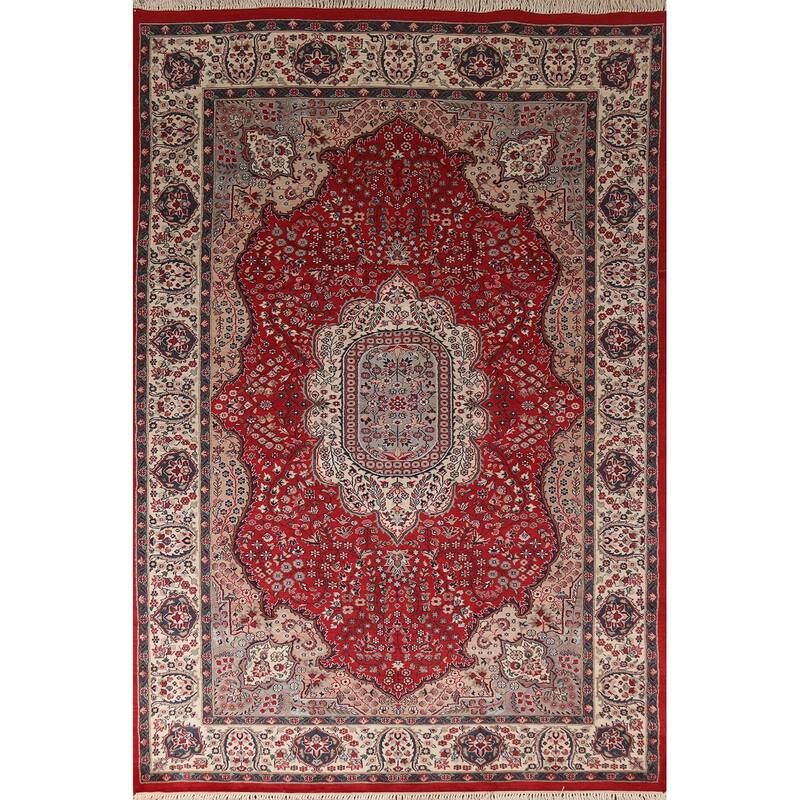 Floral Red Kashan Indian Area Rug Handmade Wool Carpet - 6'1"x 9'4"