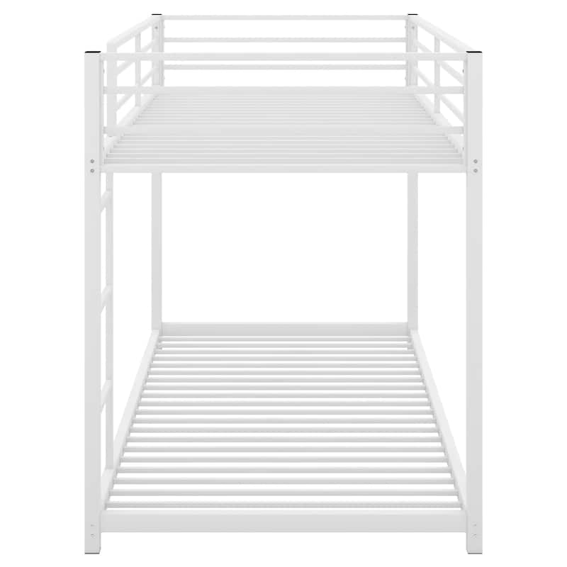 Modern Full Size Low Bunk Bed, Sturdy Metal Frame with Ladder - Silver
