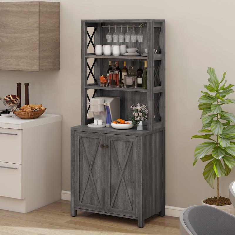 67" Tall Farmhouse Kitchen Coffee Bar Cabinet with Adjustable Shelves - Rustic Grey