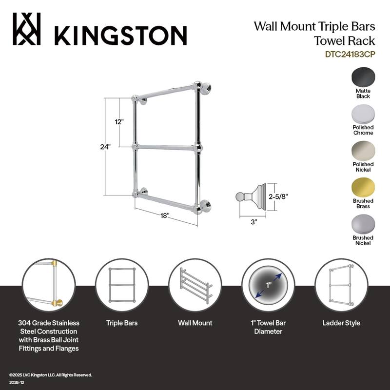 Kingston Brass Maximilien 18" x 24" Brass Wall Mount 3-Tier Towel Rack
