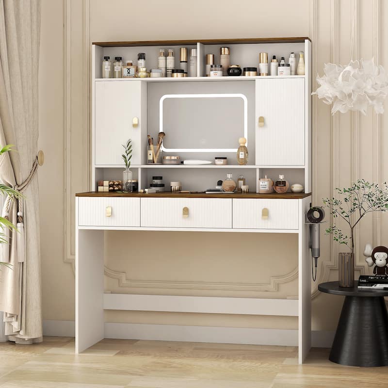 Farmhouse Vanity Desk with Makeup Mirror, Touch Light and Drawers, White Make-up Vanity Dressing Table with Charging Station