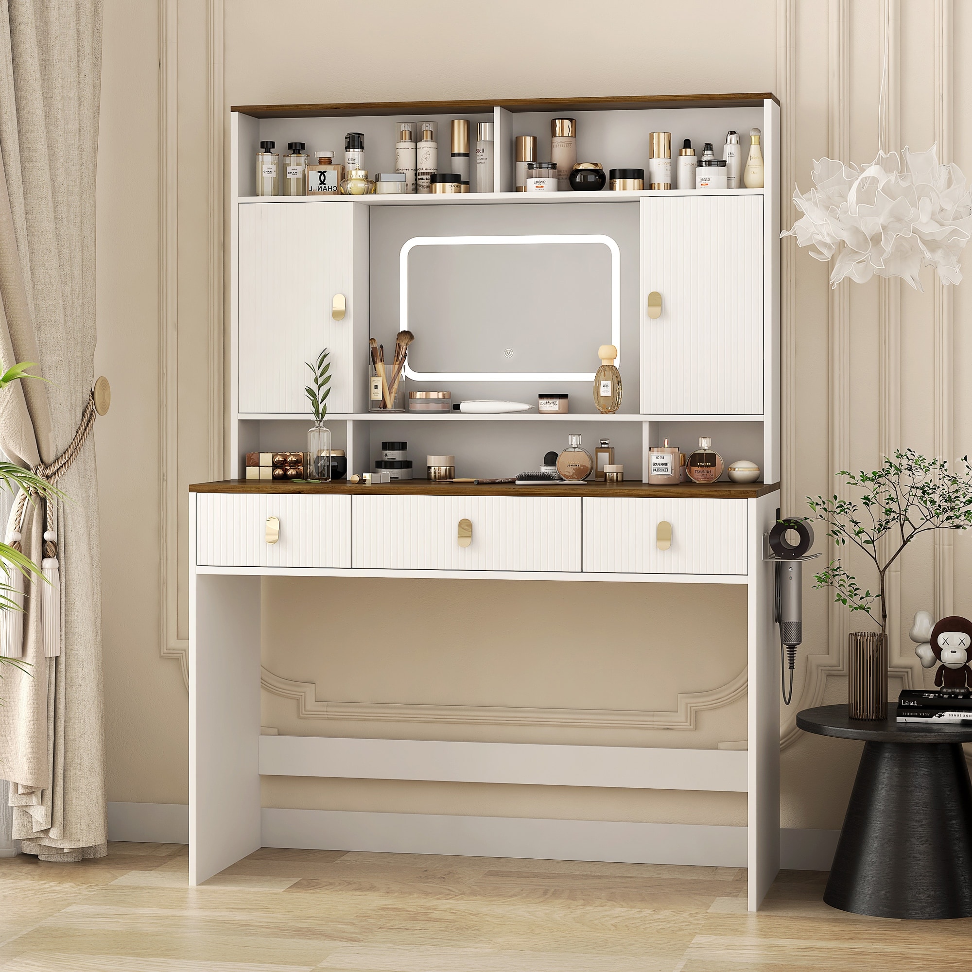 white dressing table and mirror FUFU&GAGA 5-Drawers Makeup Vanity Sets Sets with LED Dimmable Mirror, Stool 3-Tier Storage Shelves KF210141-01 with no sharp corners Roomfitters 42" Makeup Vanity with