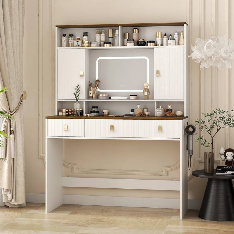 Vanity Desk with Control Lighting Mirror, 3 Lighting Color Adjustable, Dressing Table with Hair Dryer Holder, Drawer & Shelves - White