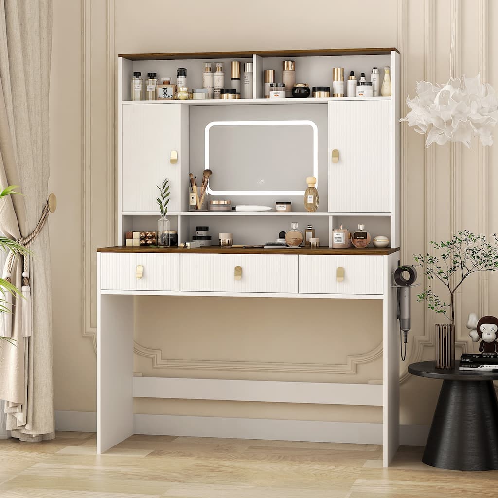 Vanity Desk with Control Lighting Mirror, 3 Lighting Color Adjustable, Dressing Table with Hair Dryer Holder, Drawer & Shelves