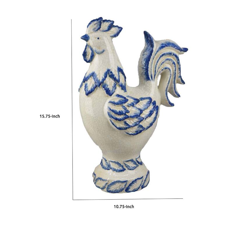 Modern Tabletop Decor Rooster Figurine, 16 Inch Blue White Ceramic