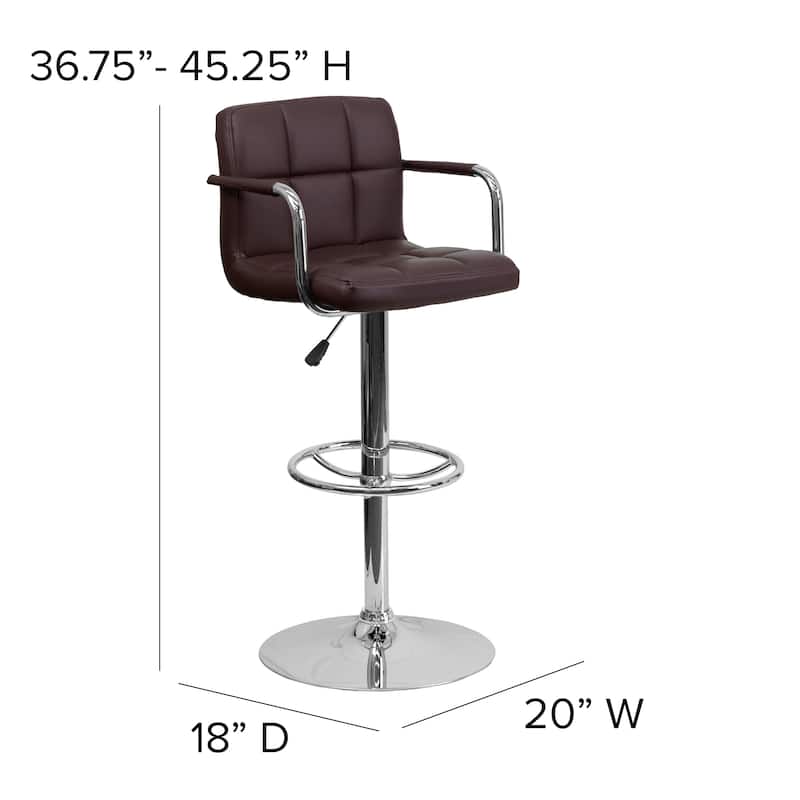 Quilted Vinyl Adjustable Height Barstool with Arms and Chrome Base - 20"W x 18"D x 36.75" - 45.25"H