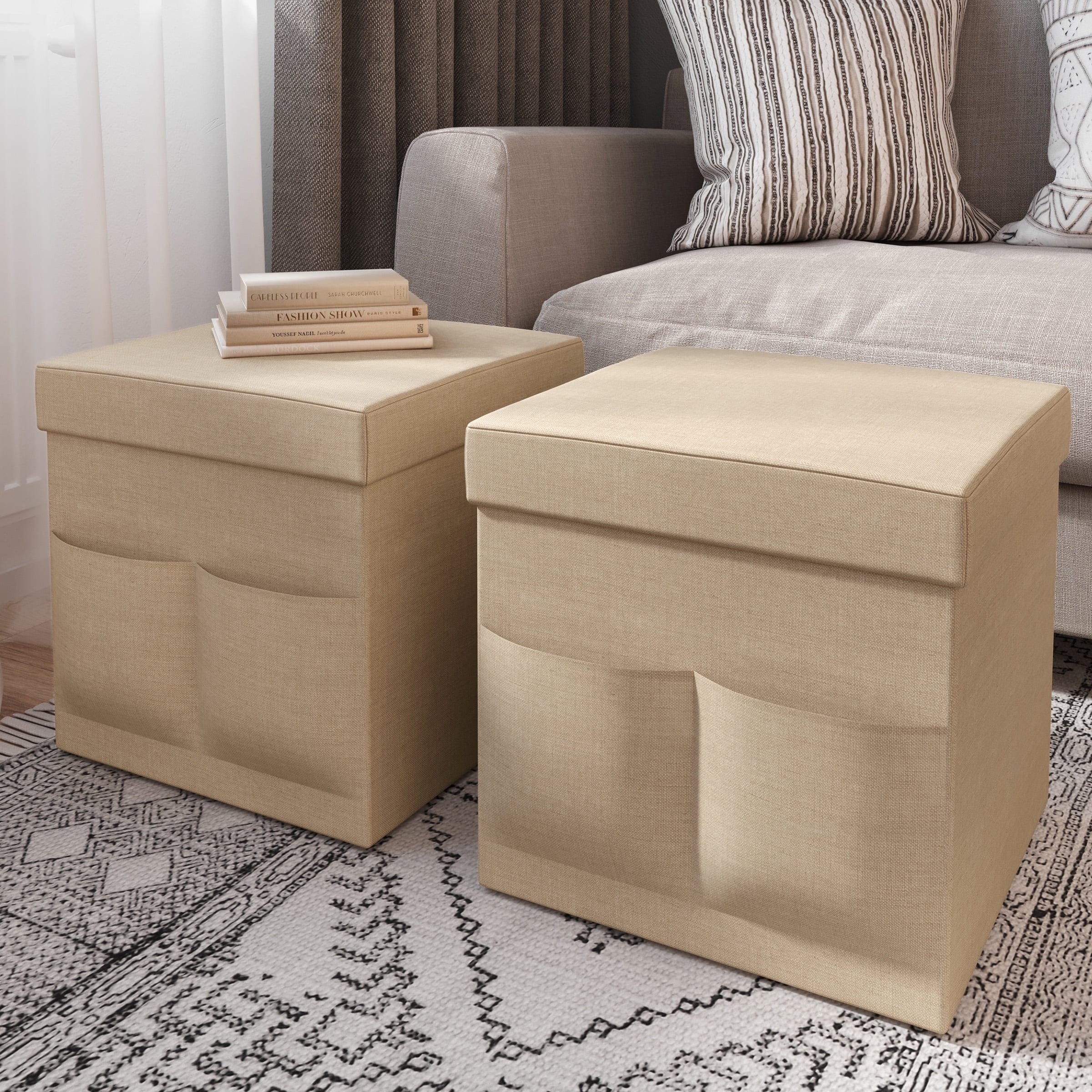 15-inch Foldable Storage Ottoman with Pockets, Beige - Compact Seat & Organizer