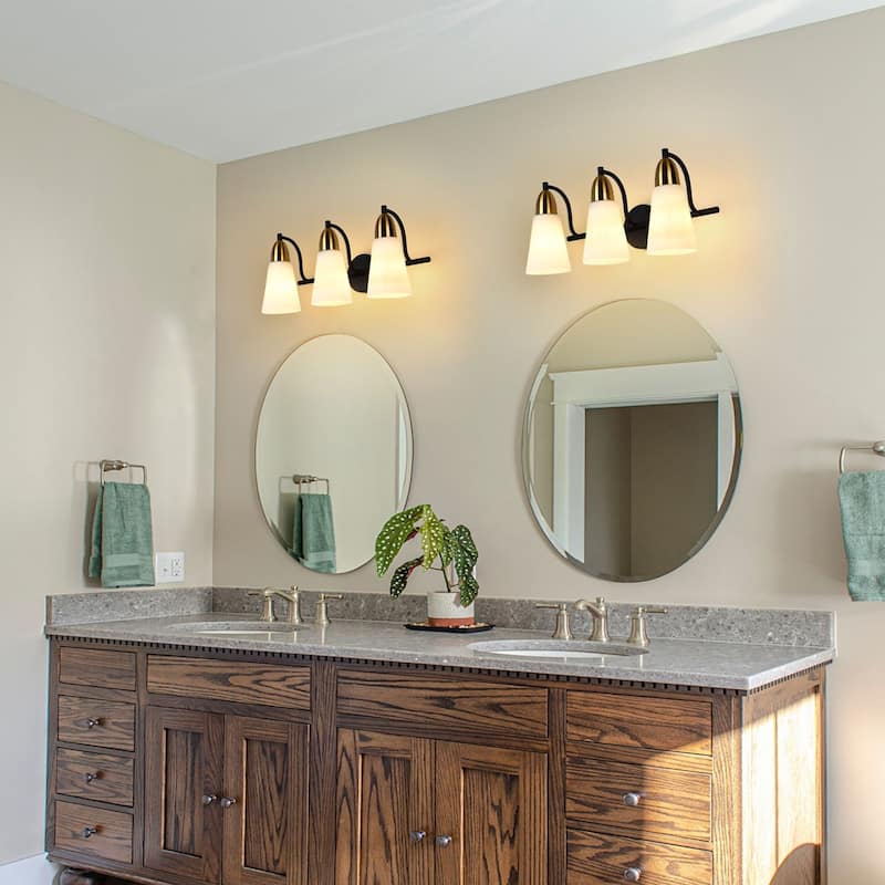 Modern Black Bathroom Vanity Light with Frosted Glass Shades & Gold Accent, Minimalist Wall Sconces