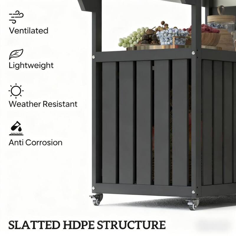 GDFStudio - Cedar Outdoor Wheeled Bar Cart with Heavy Duty Stainless Steel Top and Multi Storage - 45.7"