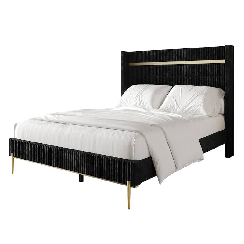 CraftPorch Corduroy Luxurious Gold PU Strip Wingback Velvet Upholstered Bed - Black - Twin