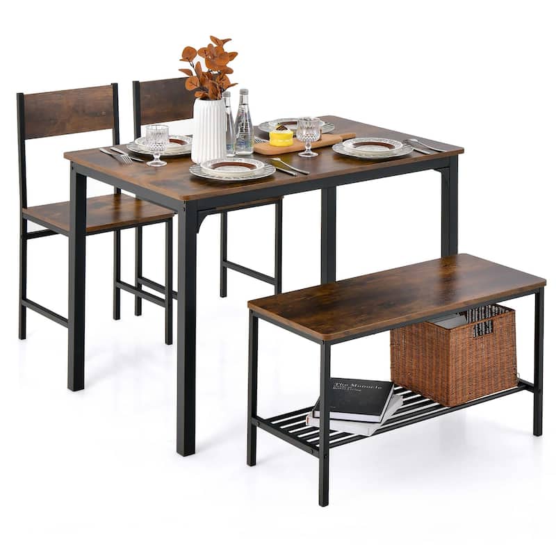 4PCS Dining Table Set Rustic Desk 2 Chairs Bench Storage Rack - Coffee