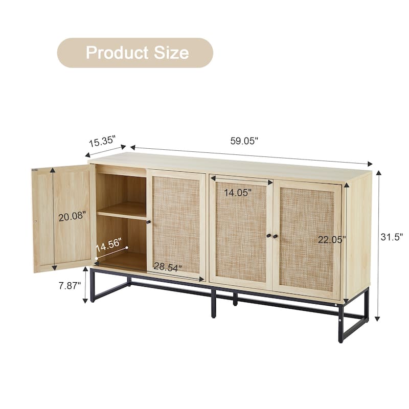 Wood Rattan 4-Door Buffet Sideboard With Storage