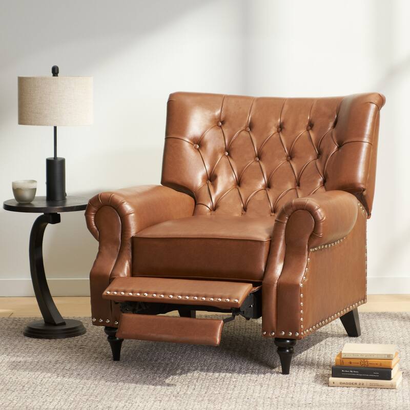 Classic Curled Arm Single Sofa Chair, Tufted Wide Back Recliner with Retractable Footrest Accent Chair with Rivet Trim&Wood Legs