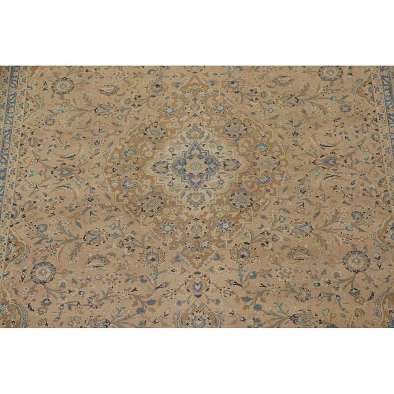 Hand Knotted Oriental 100% Wool Carpet Traditional Floral Beige & Ivories Kashan Area Rug - 13' 3'' X 9' 8''