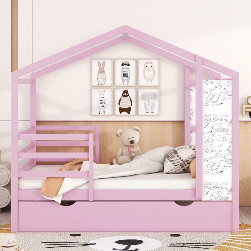 Full Size Wood House Bed with Fence and Writing Board