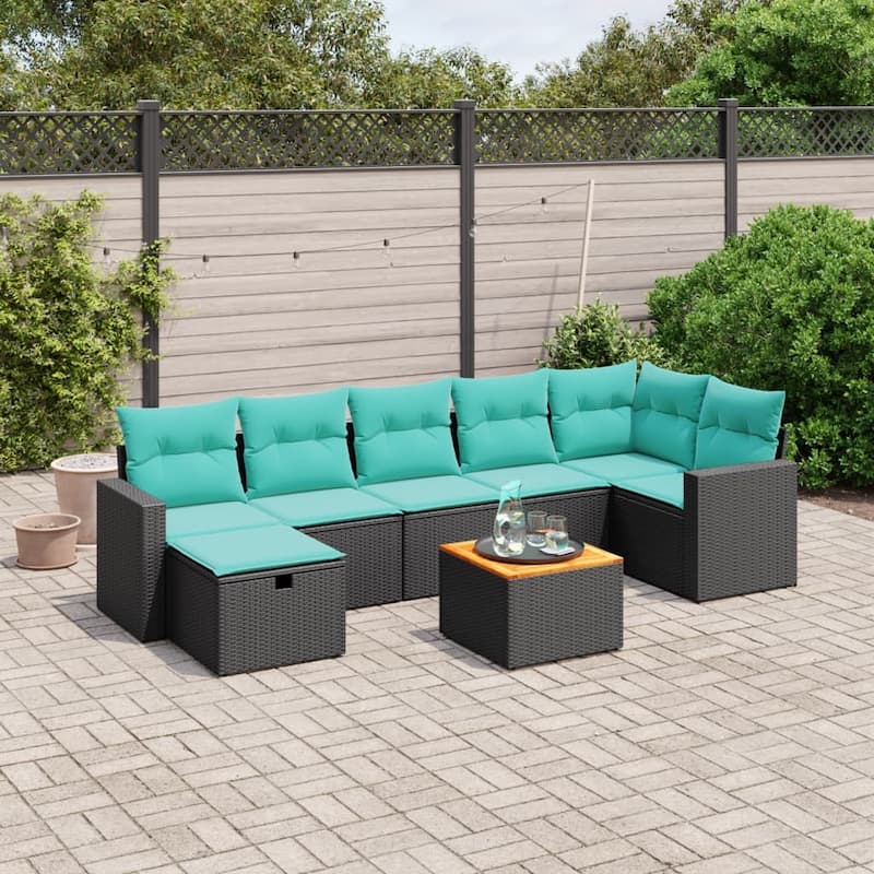 vidaXL Patio Sofa Set with Cushions Outdoor Furniture 8 Piece Poly Rattan - 24.4" x 24.4" x 27.2" - Black and blue 3xcorner+3xmiddle+footrest+table