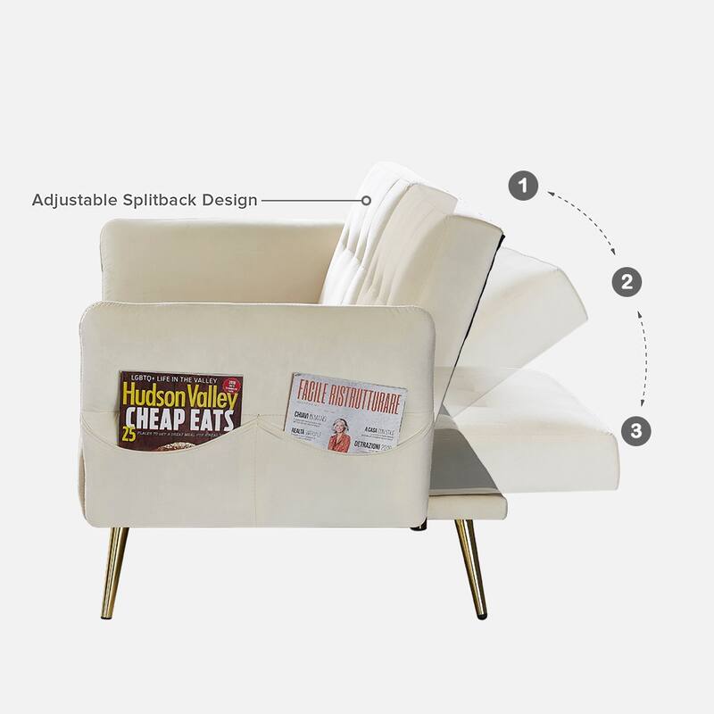 Italian Velvet Convertible Sleeper Sofa Bed with with Folded Armrests and Storage Bags