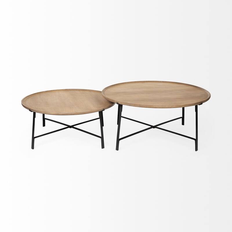 Helios III Round Medium Brown Solid Wood w/ Black Iron Base Nesting Tables