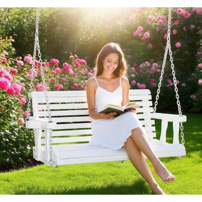 Porch Swing with Chains and Cupholders, Wooden Patio Swing Chair - White