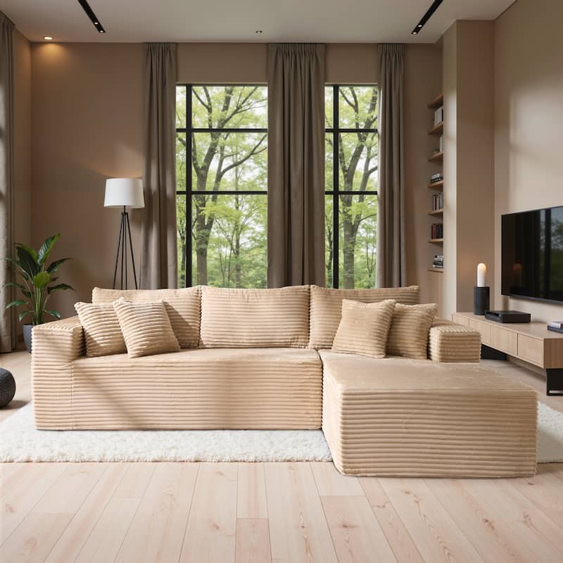 HOOOWOOO Modular Plush Upholstery L-shaped Sofa with Chaise Lounge - Beige-Right Chaise