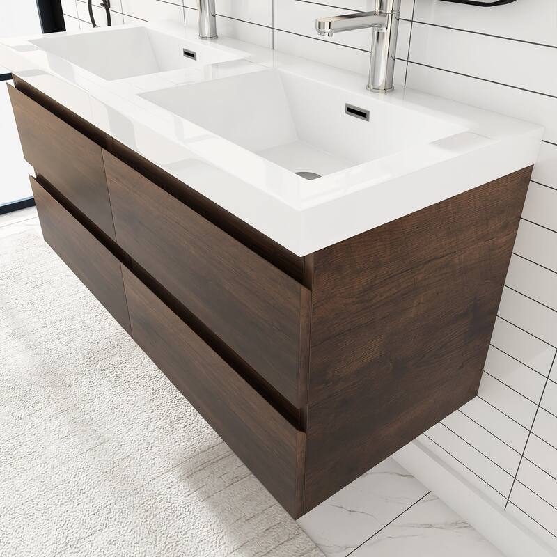 MDF Wall-Mounted Bathroom Vanity Set in Rose Wood with Integrated Culture Marble Sink