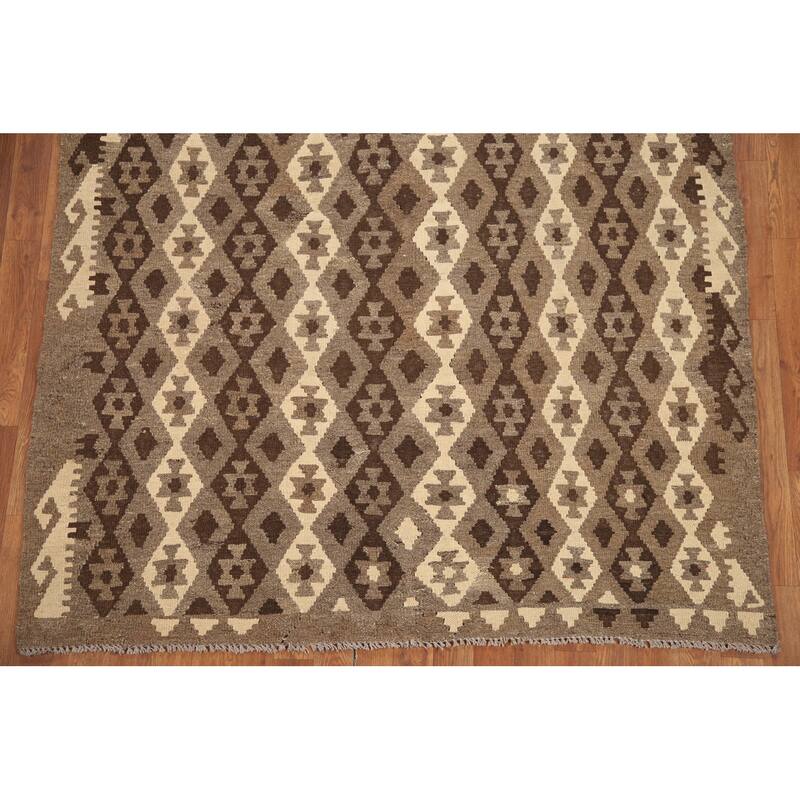 Hand Woven Oriental 100% Wool Carpet Southwestern All-Over Brown Kilim Area Rug - 6' 5'' X 5' 2''