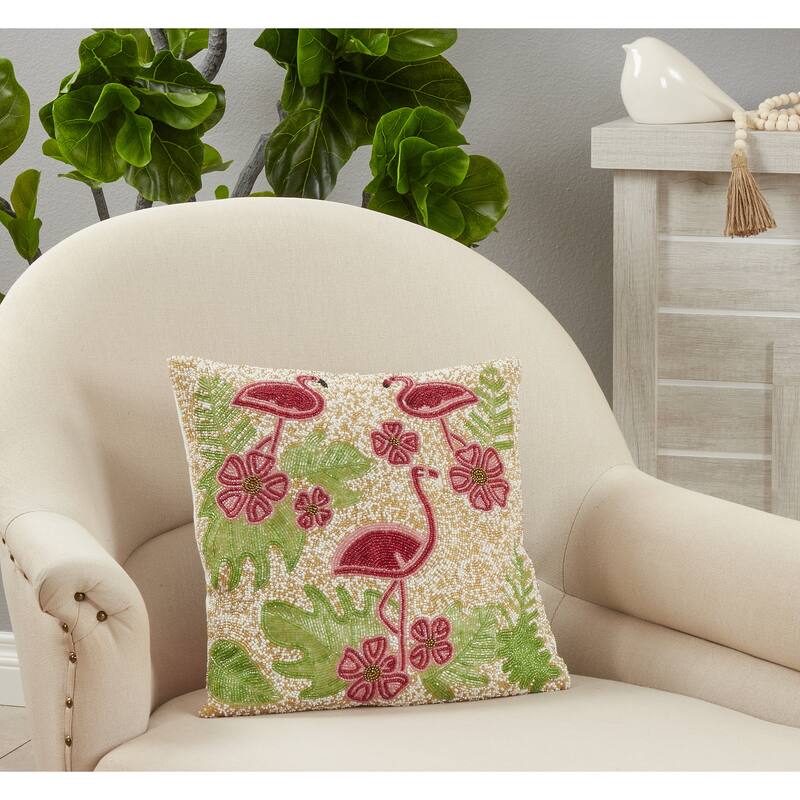Throw Pillow With Beaded Flamingo Design, 16"x16"