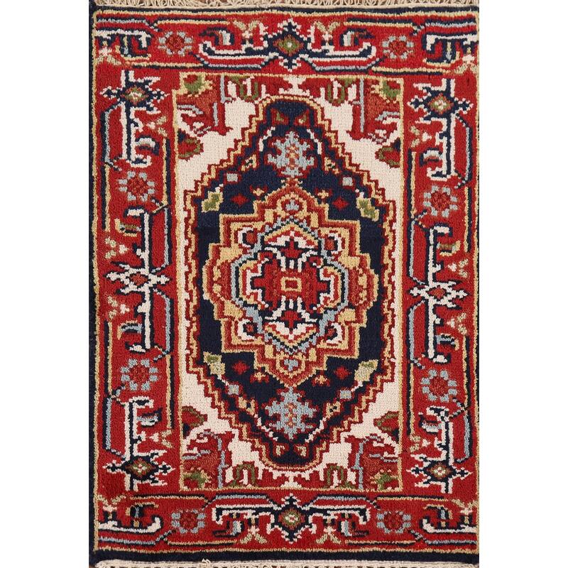 Red & Navy Blue Heriz Serapi Indian Accent Rug Handmade Wool Carpet - 2'0" x 3'0"