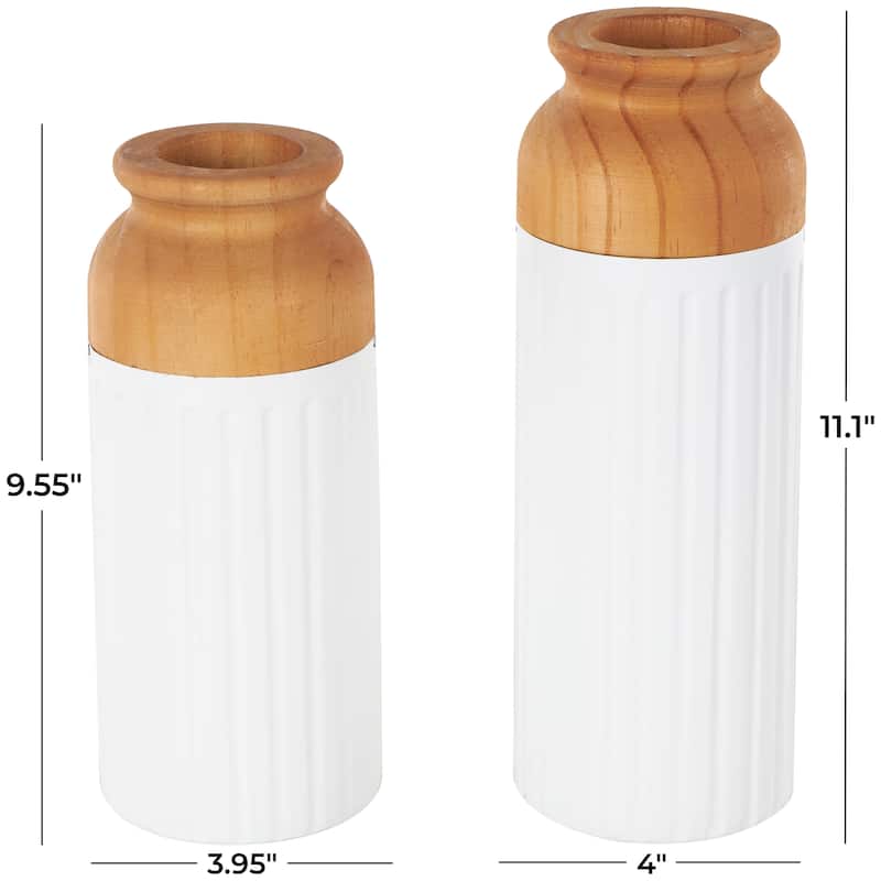 Metal Color Block Decorative Vase with Rounded Linear Grooves and Brown Wood Tops - Set of 2 White - Roche River Decor