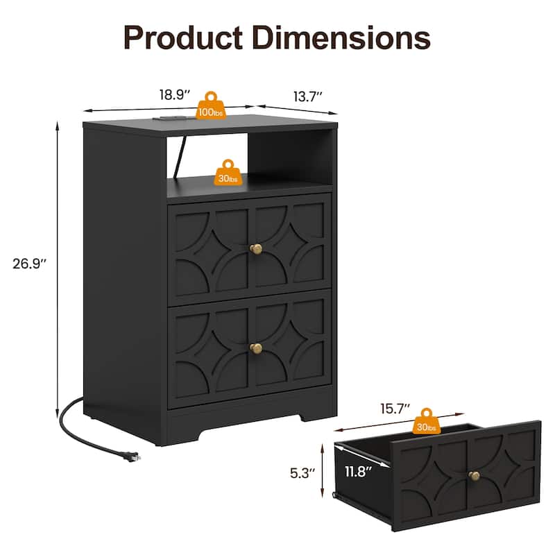 Large Night Stand with 2 Drawers and Charging Station