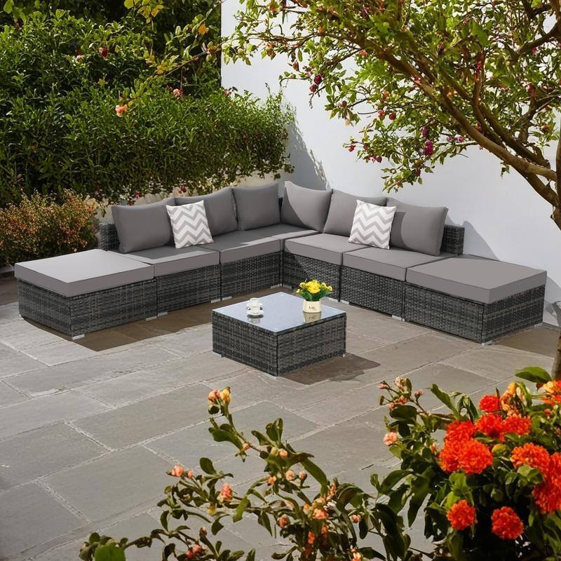 8-Pieces Outdoor Patio Sectional Sofa Set with Washable Cushions & Glass Coffee Table