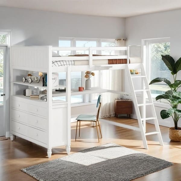 slide 2 of 19, Full size Loft Bed with Drawers, Built-in Desk and Shelves, White White