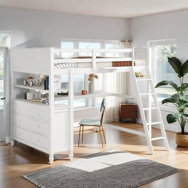 slide 2 of 19, Stylish & Simple Full size Loft Bed with Drawers and Built-in Desk, Wooden Loft Bed with Shelves, Health and Comfort, White White