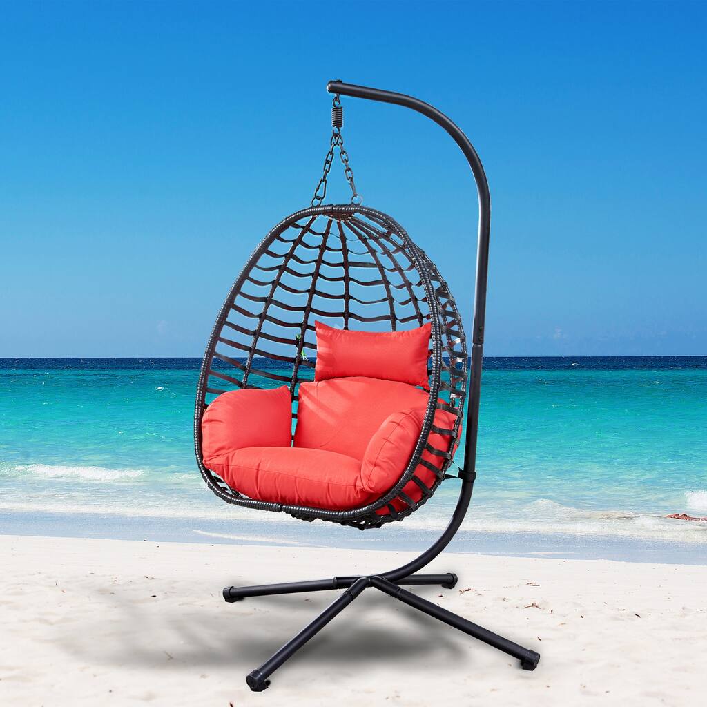 EPOWP Foldable Hanging Chair, Wicker Egg Chair With Stand For Outside, 300 LBS Capacity (Grey or Red)