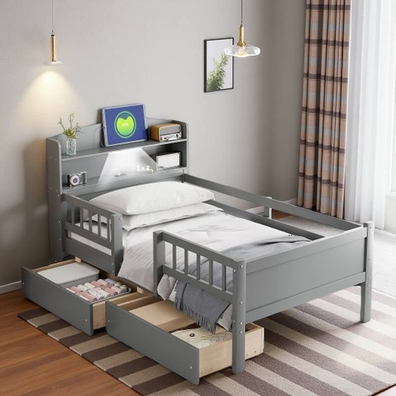 Twin Size Platform Bed with LED Headboard, 2 Storage Drawers, USB Ports, and Guardrails - Gray