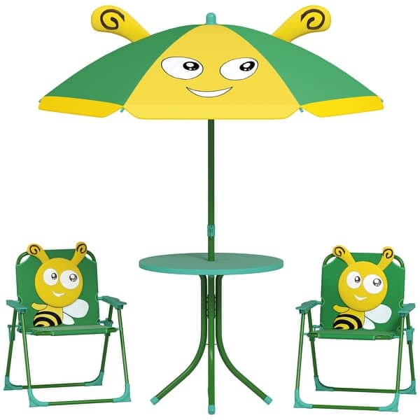 slide 2 of 9, Qaba Kids Picnic Table and Chair Set, Outdoor Activity Table with Foldable Chairs, Removable Umbrella, Green Green