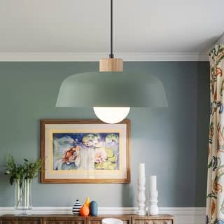 Modern 1-Light Green Dome Pendant Light with Decorative Wood Accent