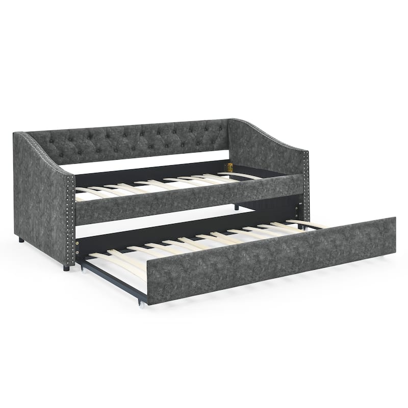 Twin Size Daybed with Twin Size Trundle Upholstered Tufted Sofa Bed