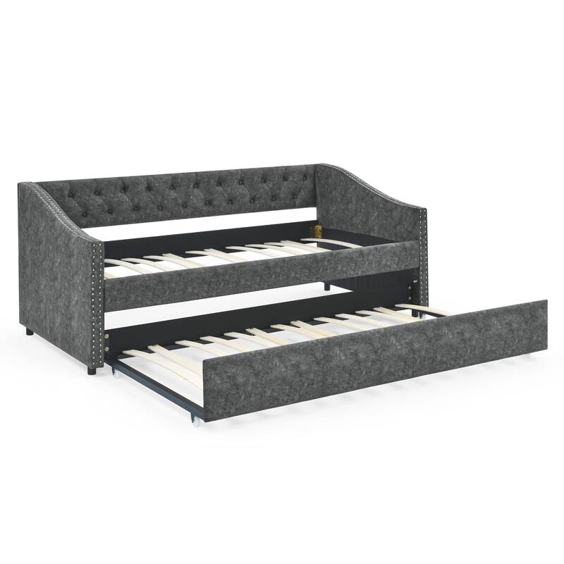 Upholstered Daybed Frame with Trundle & Tufted Backrest