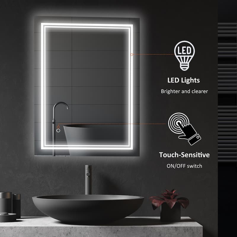 Silver Aluminum LED Bathroom Mirror, Square Outline Lighting and Touch - 31.5" W x 1.75" D x 23.5" H