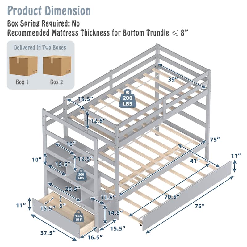 Costway Twin Over Twin Bunk Bed with Trundle Stairway and Storage - 39'' x 75''