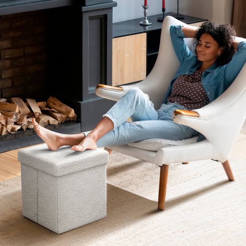 Sorbus Teddy Storage Ottoman Square Soft Sherpa Plush Tufted Footstool